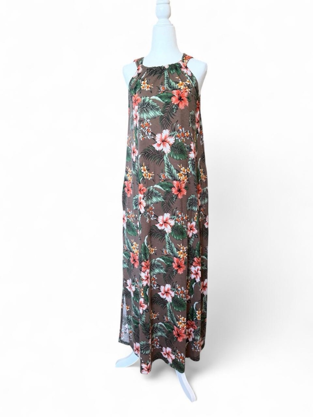 Brown Floral Halter Maxi Dress with Green Leaves
